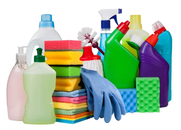 Cleaning concept.Bottles and chemical cleaning supplies isolated — Stockfoto