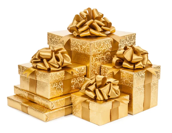 Concept gift. Gold boxes on a white background — Stok fotoğraf