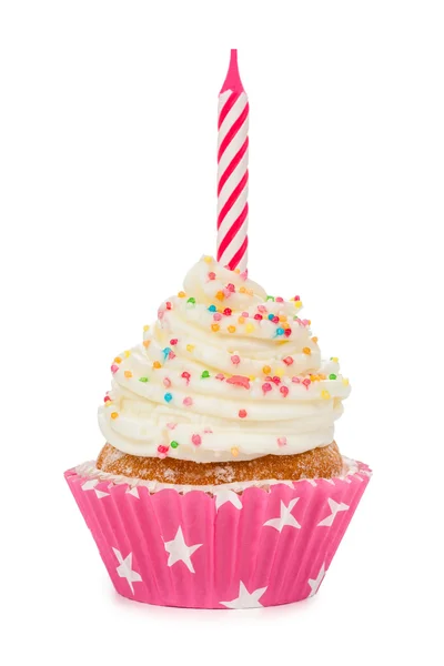 Birthday cupcake with a candle isolated on white — Stock Photo, Image