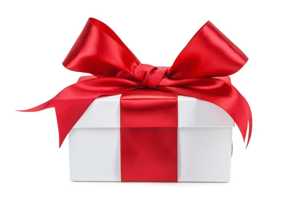 White gift box with red ribbon and bow isolated Stock Image