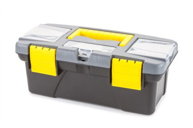 Beyaz arka plan üzerinde izole araçları ile plastik kutu.