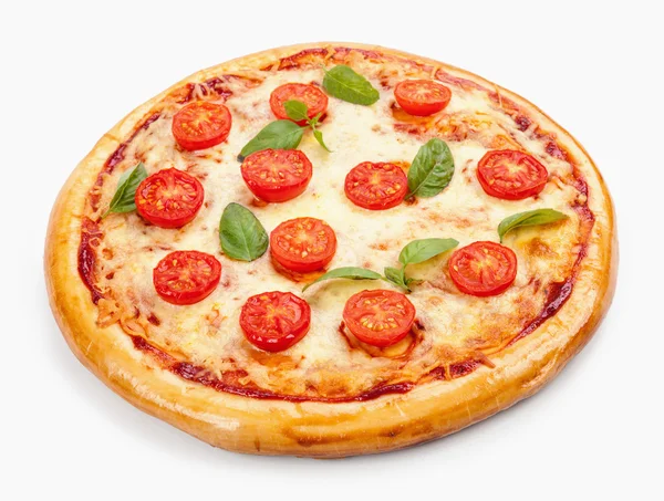 Pizza Margherita. Domates, fesleğen yaprakları. Beyaz backgro izole