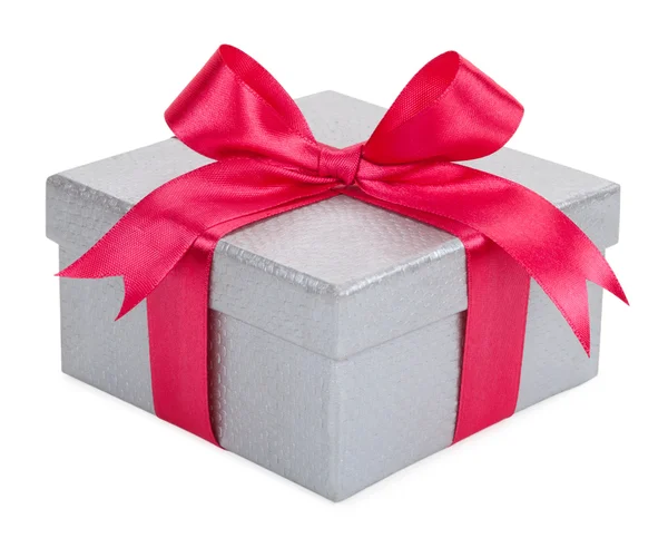 Caja de regalo gris con un lazo rosa — Foto de Stock