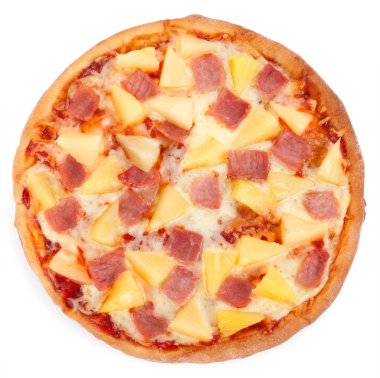 Beyaz arka planda izole edilmiş Hawaii pizzası.