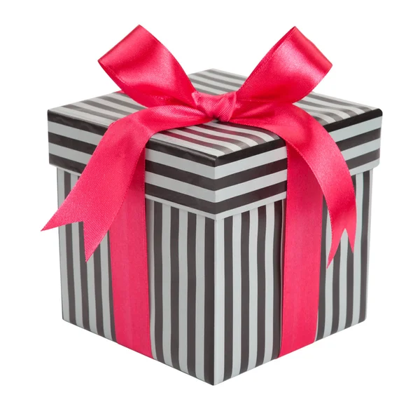 Gift striped box with pink bows isolated — Stock Photo, Image