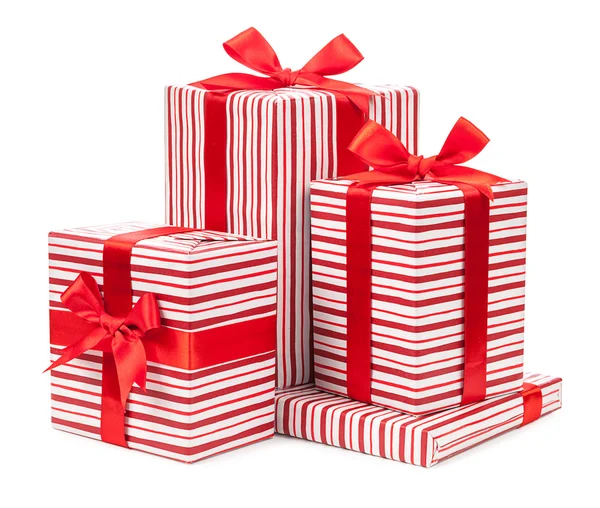 Red striped boxes with bows isolated on white background — Stok fotoğraf