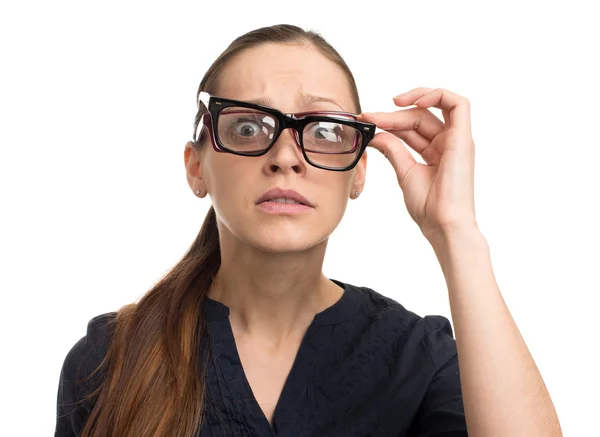 Mujer nerd sobre blanco — Foto de Stock