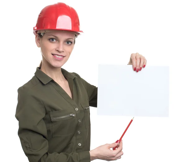 Young worker woman holding a blank poster — Stock Photo, Image