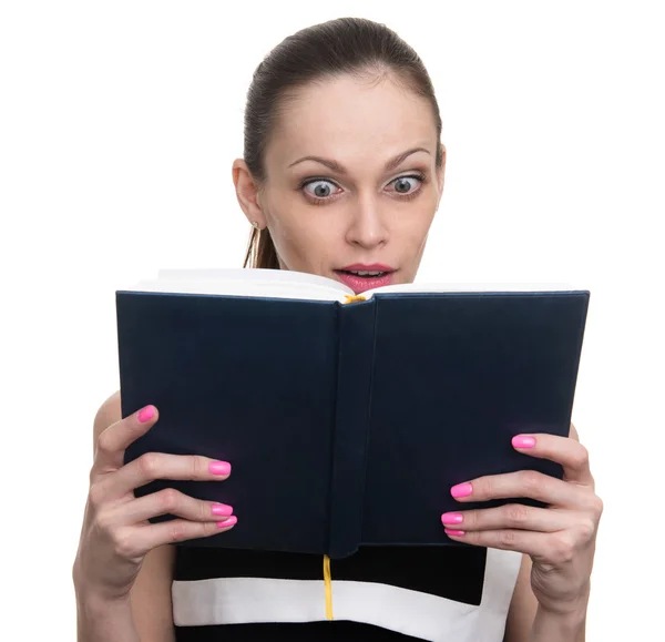 Surprised young business woman looking at diary — Stock Photo, Image