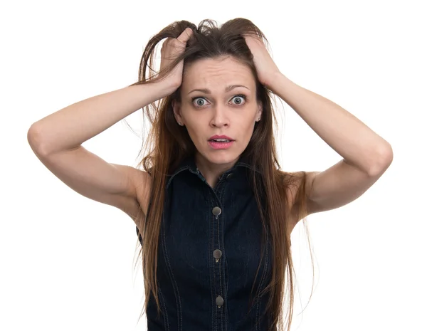 Geschokt vrouw met haar handen op het hoofd — Stockfoto