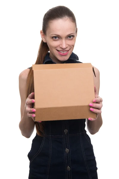 Young beautiful woman holding a box — Stock Photo, Image