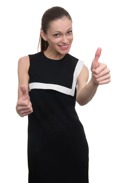 Улыбающаяся женщина с большим пальцем вверх жестом — стоковое фото
