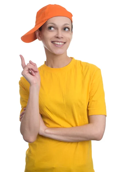 Mulher feliz apontando para cima com o dedo — Fotografia de Stock