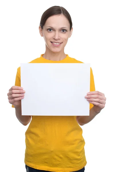 Happy woman holding white blank card — Stock Photo, Image