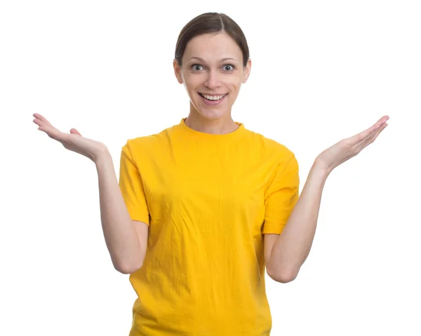 Młoda kobieta w puste żółty t-shirt — Zdjęcie stockowe
