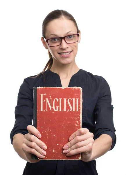 Mujer joven sosteniendo libro de texto Inglés —  Fotos de Stock