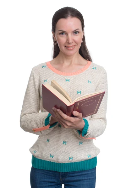 Krásná žena s knihou izolovaných na bílém — Stock fotografie