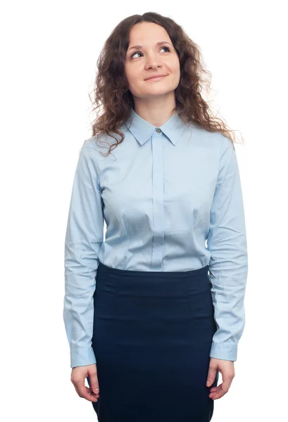 Mulher de negócios sorrindo olhando para cima e pensando. isolado — Fotografia de Stock