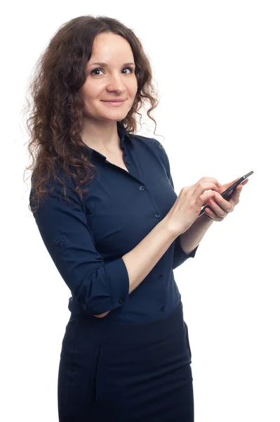 Smileng business woman holding smartphone — Stock Photo, Image