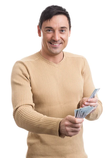 Glimlachende man met geld — Stockfoto