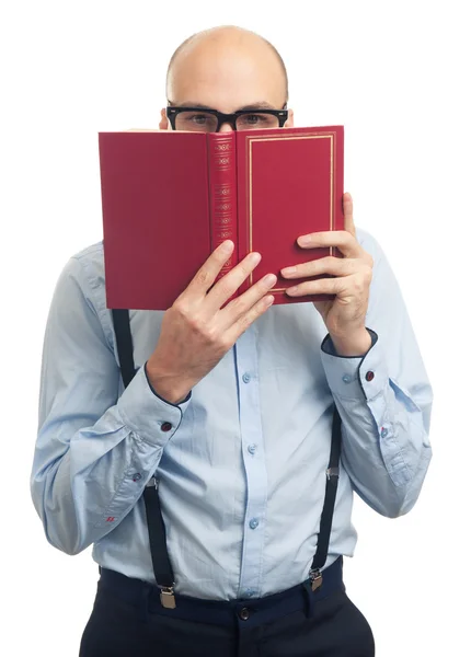 Mann mit Glatze liest ein Buch — Stockfoto