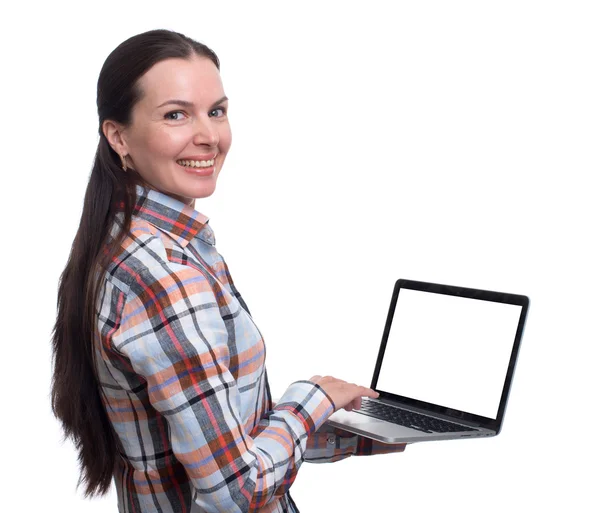 Young brunette woman working on laptop. isolated — Stock Photo, Image