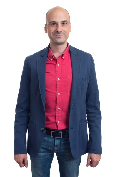 Hombre calvo de moda en camisa roja y chaqueta azul — Foto de Stock