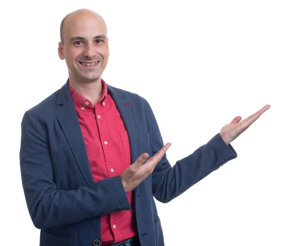 Handsome bald man presenting copy space — Stock Photo, Image