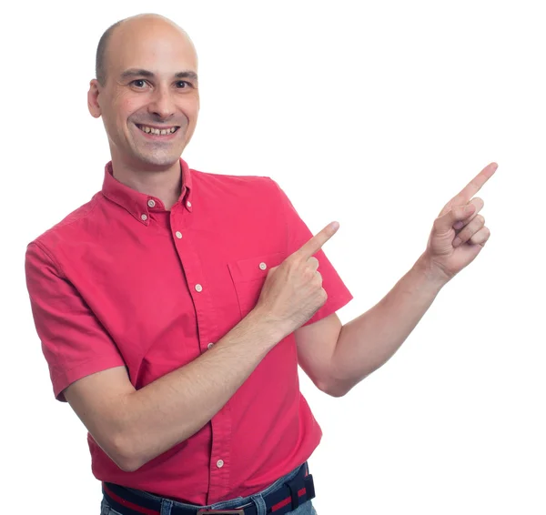 Homem careca feliz apontando dedo isolado — Fotografia de Stock