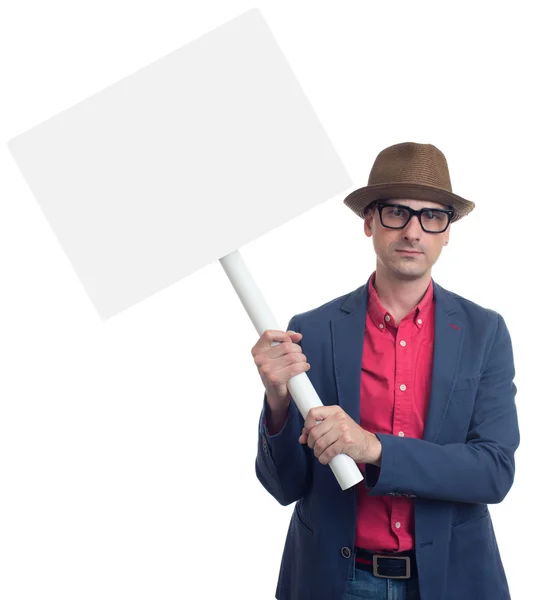 Homem segurando um pau com um cartaz em branco — Fotografia de Stock