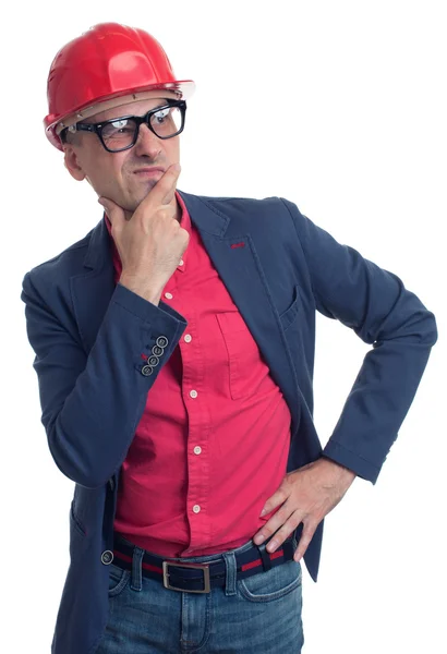 Foreman with hard hat thinking. Isolated — Stock Photo, Image