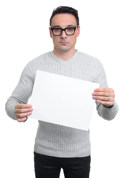 Jovem segurando um quadro branco em branco, isolado — Fotografia de Stock