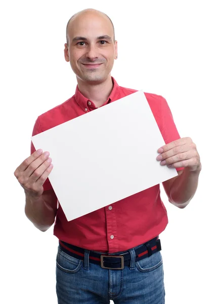 Lachende kale man met een banner — Stockfoto