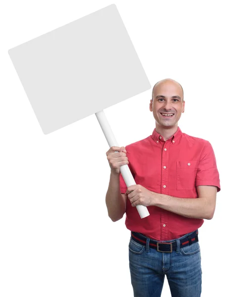 Calvo sonriente sosteniendo un letrero en blanco . — Foto de Stock