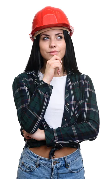 Thoughtful girl in construction helmet — Stock Photo, Image