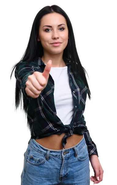 Menina bonita mostrando seu polegar para cima . — Fotografia de Stock