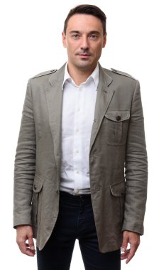 ceketli gülümseyen yakışıklı adamı. İzole
