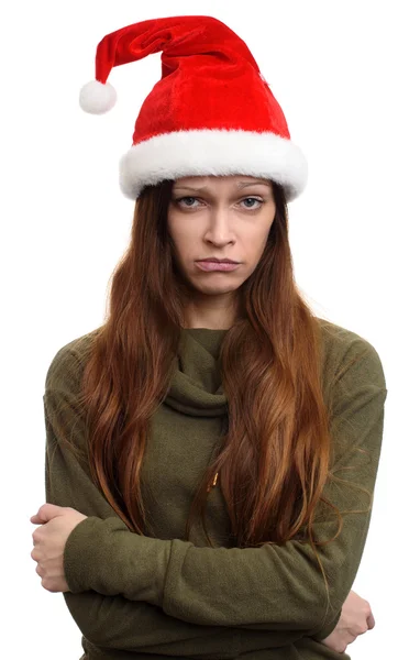 Сумна дівчина в різдвяному капелюсі Санта — стокове фото