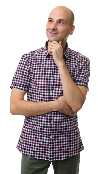 Handsome bald man smiling and looking up — Stock Photo, Image