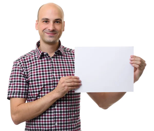 Careca segurando uma folha em branco — Fotografia de Stock