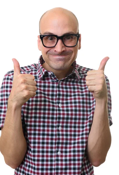 Funny bald man gestures thumbs up — Stock Photo, Image