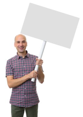 happy man showing white blank banner clipart