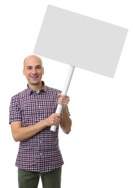 Happy man showing white blank banner — Stock Photo, Image