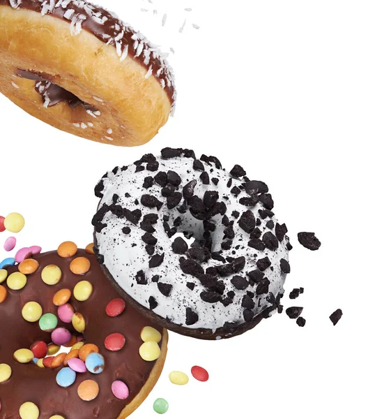 Verschiedene Donuts Isoliert Auf Weißem Hintergrund Glasierte Donut Mit Streusel — Stockfoto