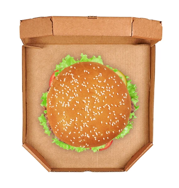 Burger Pudełku Dostawy Widok Góry Odizolowane Biało — Zdjęcie stockowe