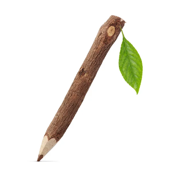 Crayon Bois Naturel Avec Feuille Verte Isolée Sur Fond Blanc — Photo