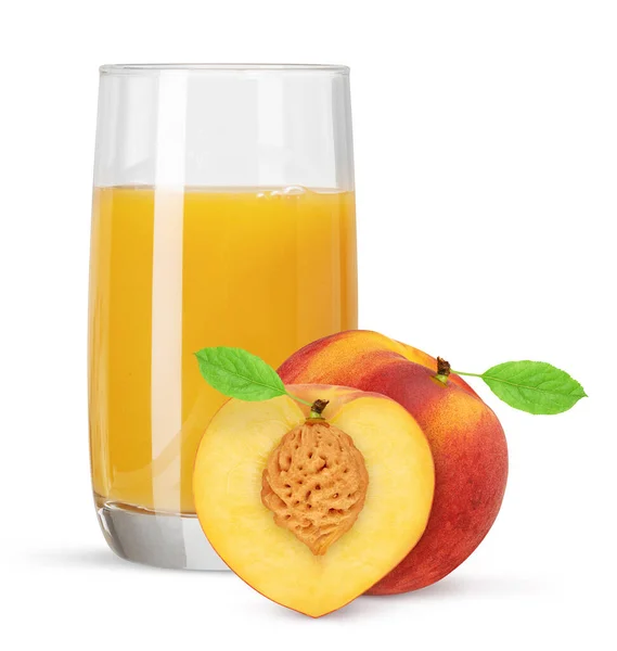 Glas Persika Juice Med Frukt Isolerad Vit Bakgrund — Stockfoto