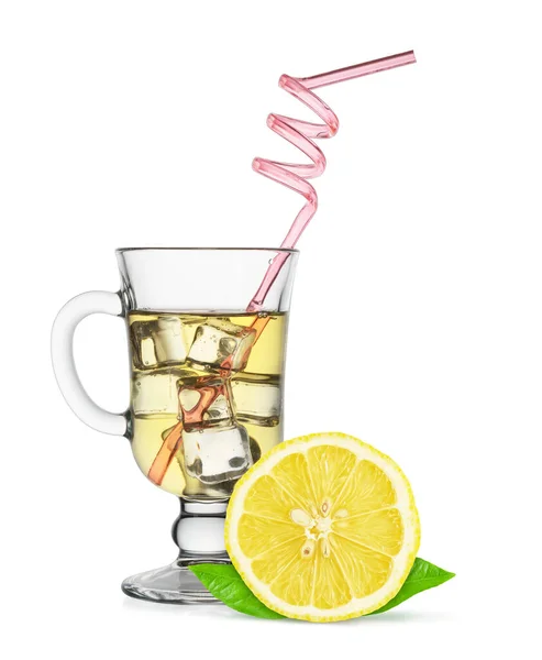 Lemon Soda Ice Cubes Glass Isolated White Background — Stock Photo, Image