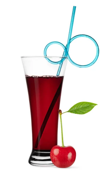 Jus Cerise Dans Verre Avec Paille Bœuf Isolée Sur Fond — Photo