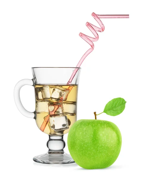 Glass Cold Apple Juice Ice Cubes Drinking Straw Isolated White — Stock Photo, Image